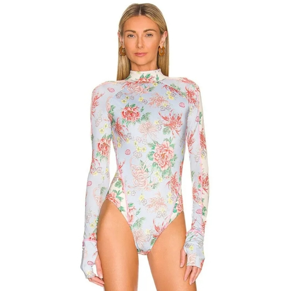 Floral Long-Sleeve Mock Neck Bodysuit - Light Blue/Pink